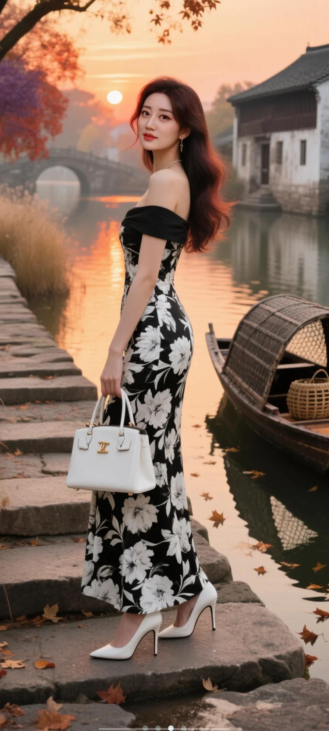 秋日河畔，红衣美人，花裙飘逸，白包相伴，唯美如画。