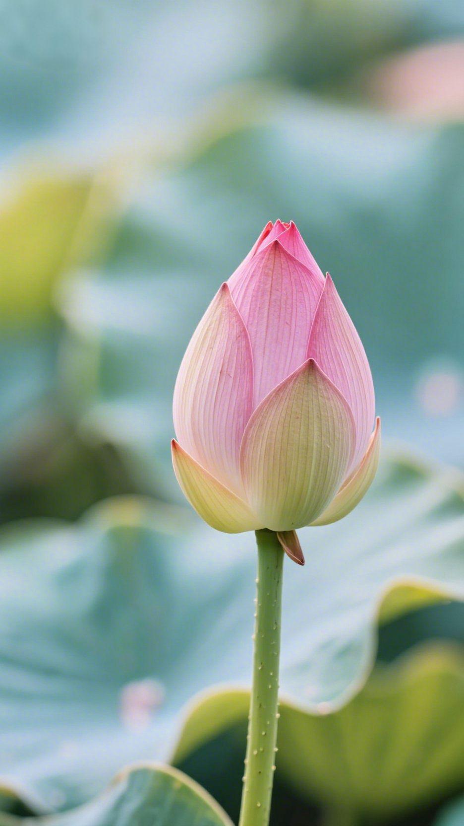 粉荷凝翠待晴光
 
浅粉的瓣层层包裹，从柔粉晕成嫩黄，荷苞在青碧的叶海里静静伫立