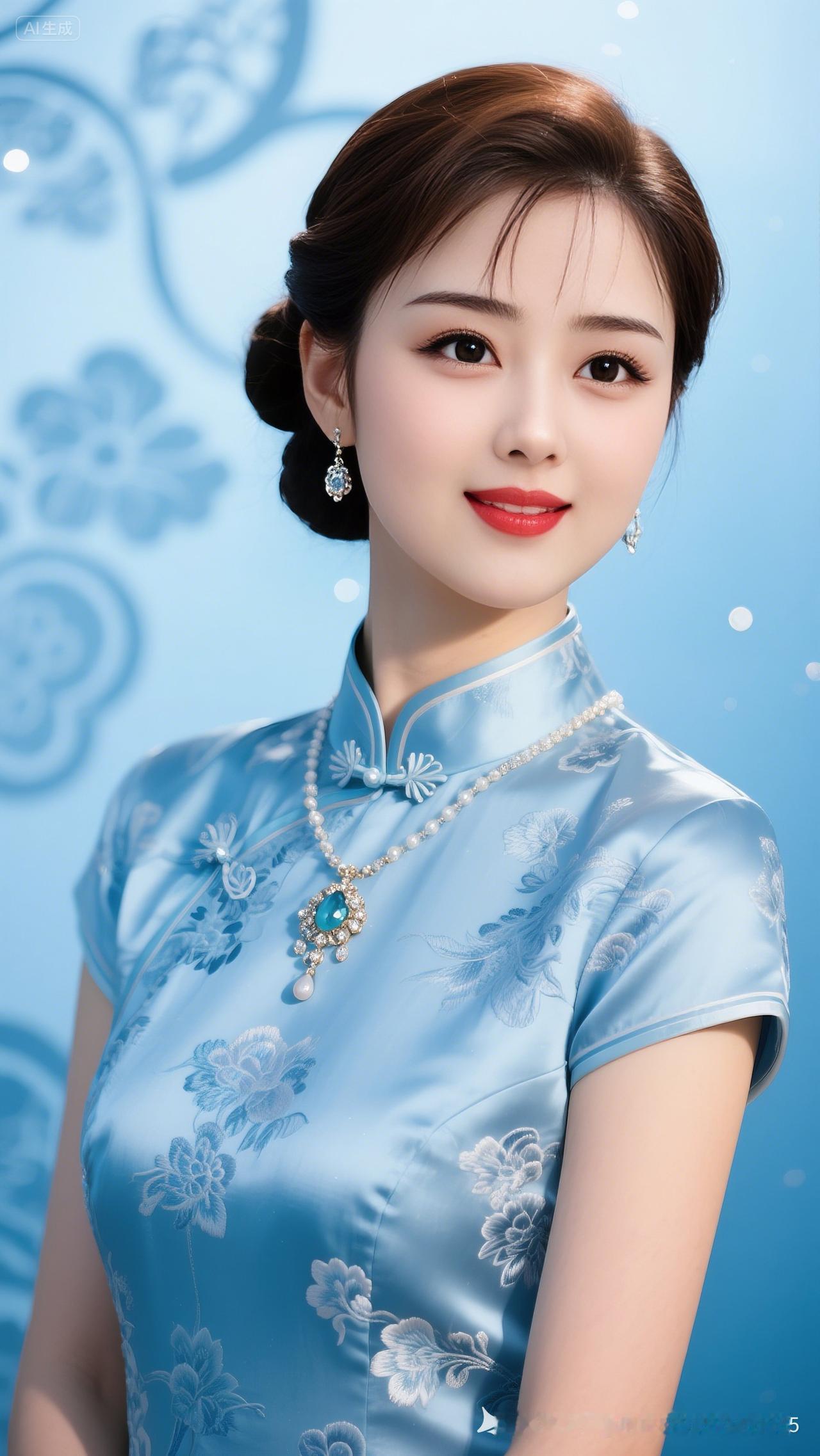 这位美女穿着蓝色旗袍，好漂亮！