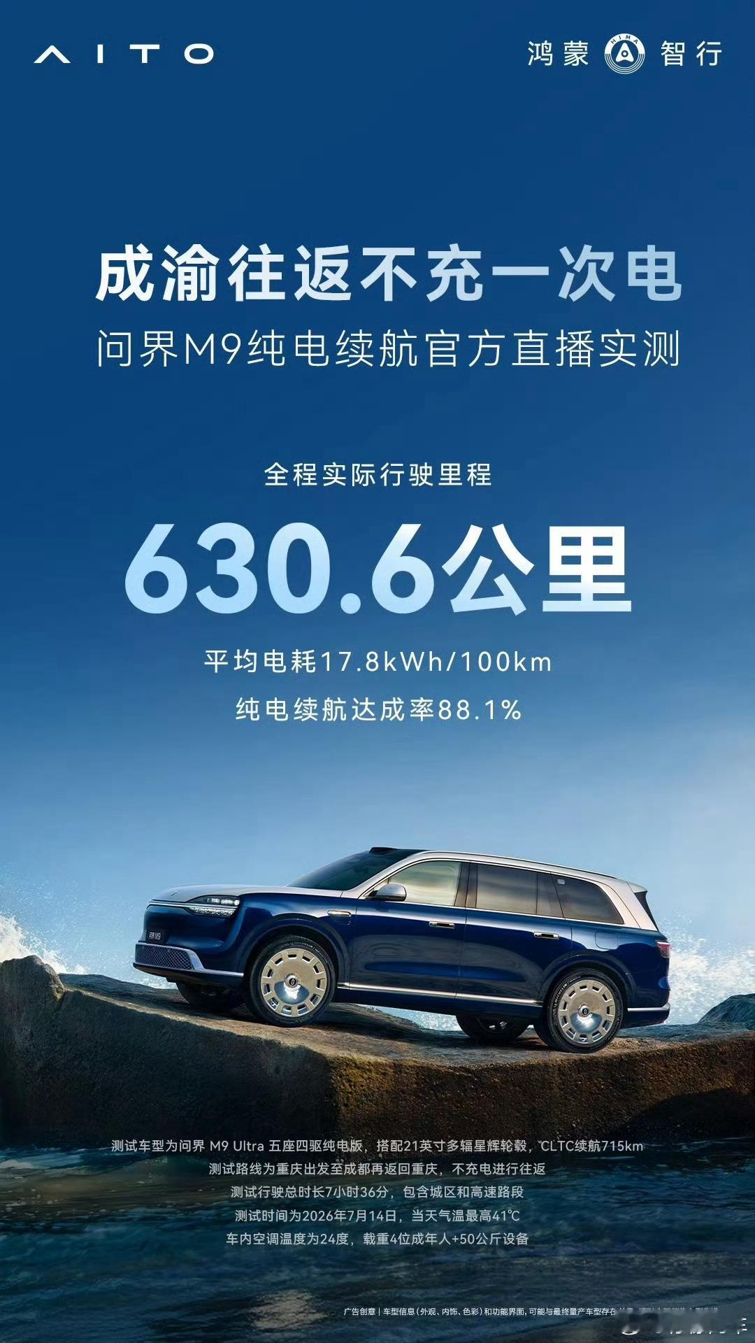 问界M9 也搞上续航测试了纯电四驱120度电池版本，CLTC 715km实际全程