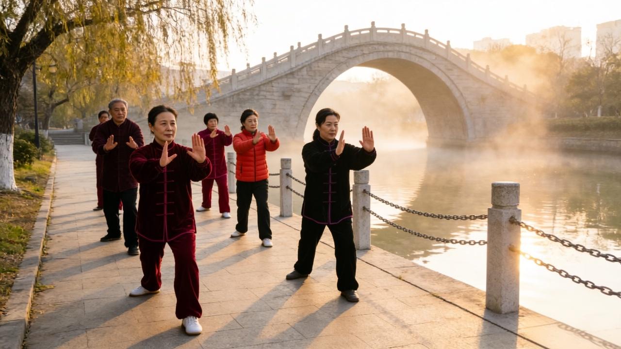 吴江晨练遇惊喜，冬日元气藏时光

清晨的吴江运河公园，寒雾裹着清新的空气，我和体