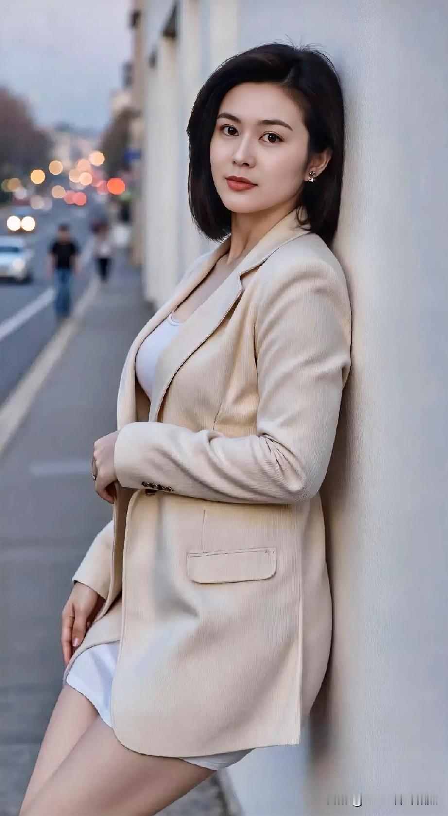 暮色街角，米色西装叠搭白衣。短发利落，倚墙而立，都市优雅自成风景。