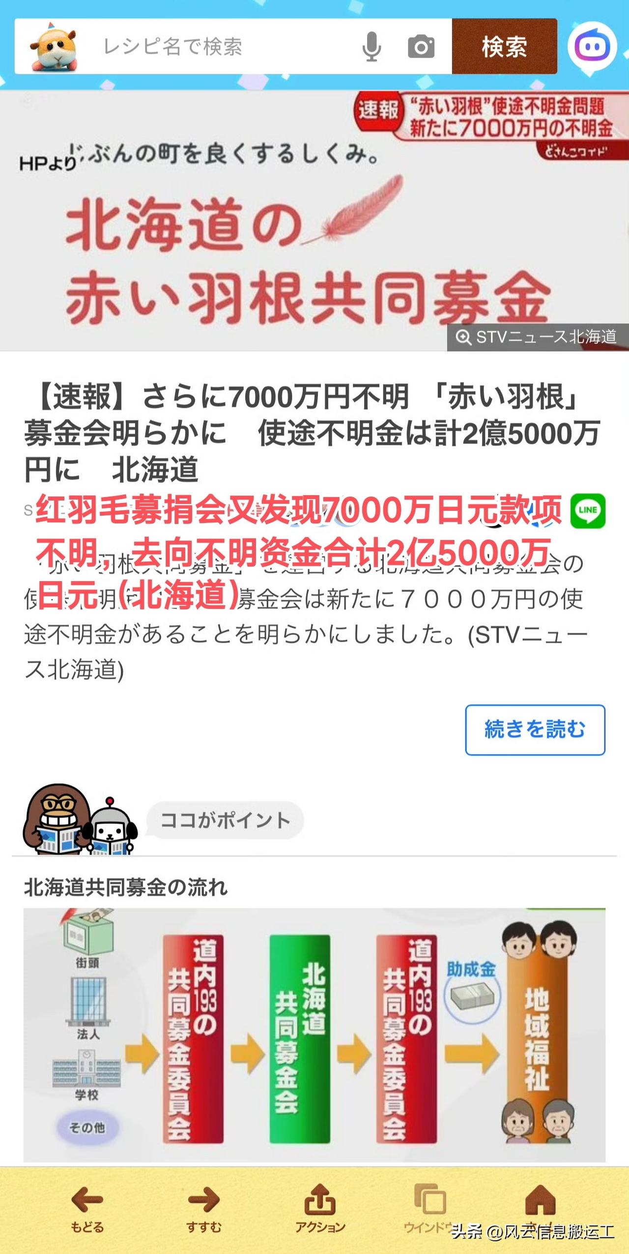 日本媒体新闻，日本北海道红羽毛基金会被曝2亿5千万捐款失踪，其中已判明1.8亿日