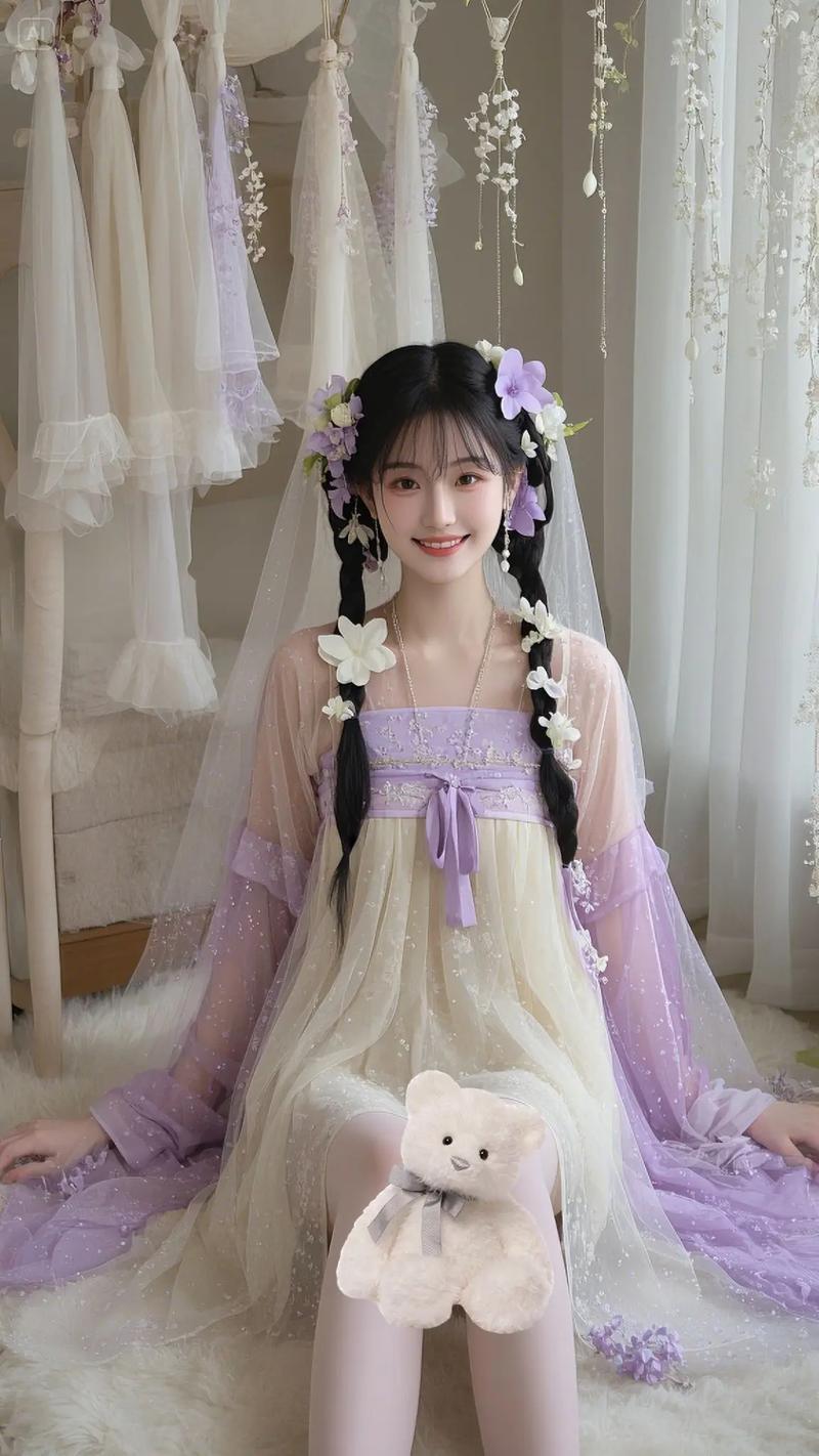 梦幻少女风，甜美花环，紫色纱裙，萌宠相伴，少女心满满！🌸💖👗🐻