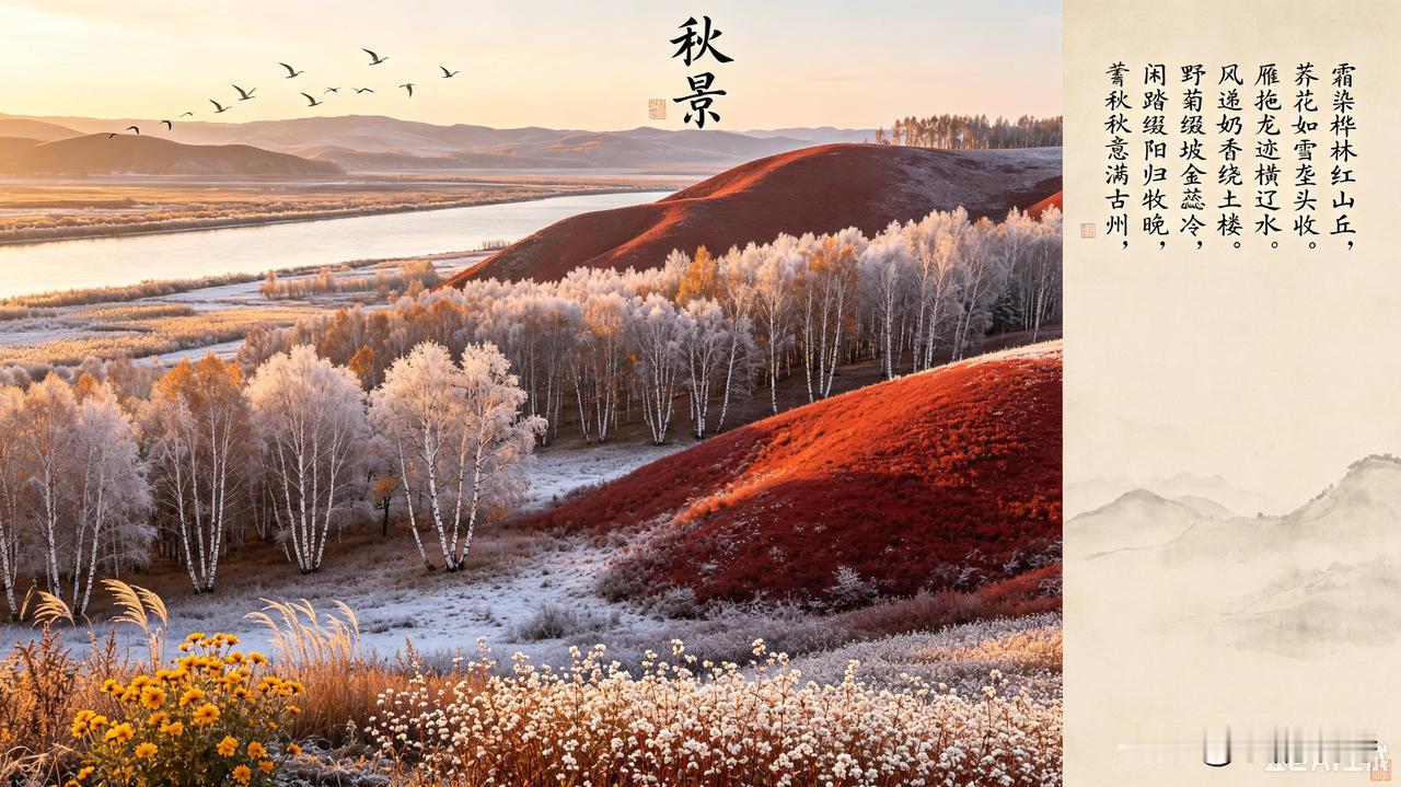 《秋景》乐韵晓诗原创诗词:
霜染桦林红山丘，
荞花如雪垄头收。
雁拖龙迹横辽水，