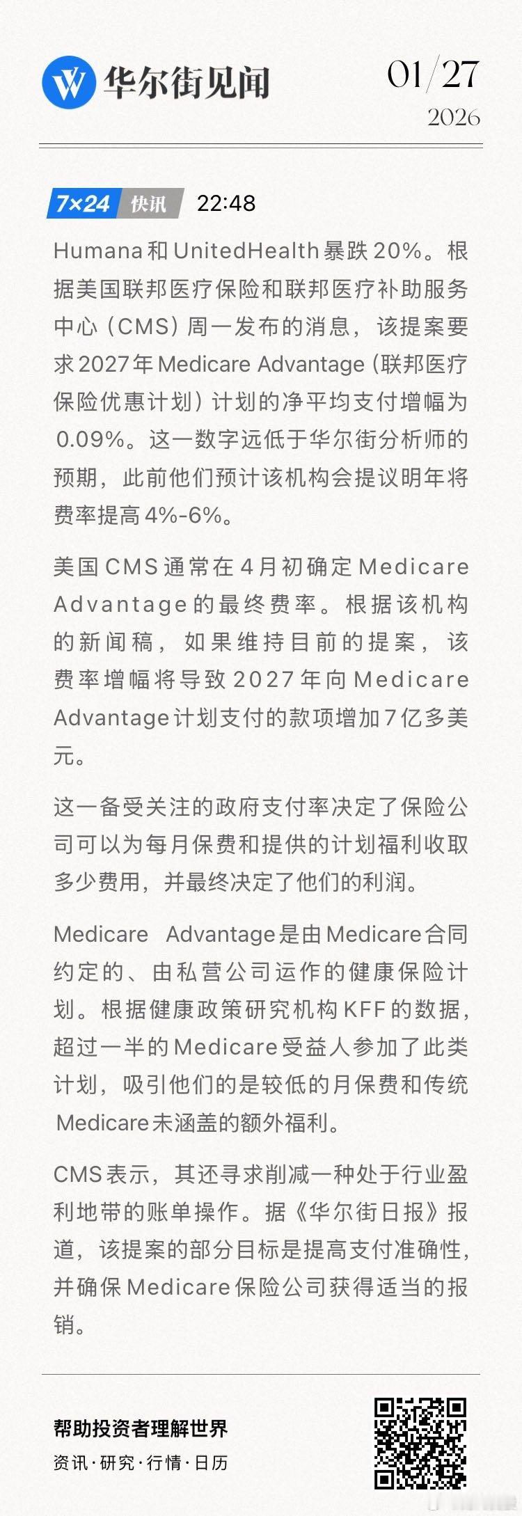 Humana和UnitedHealth暴跌20%。根据美国联邦医疗保险和联邦医疗