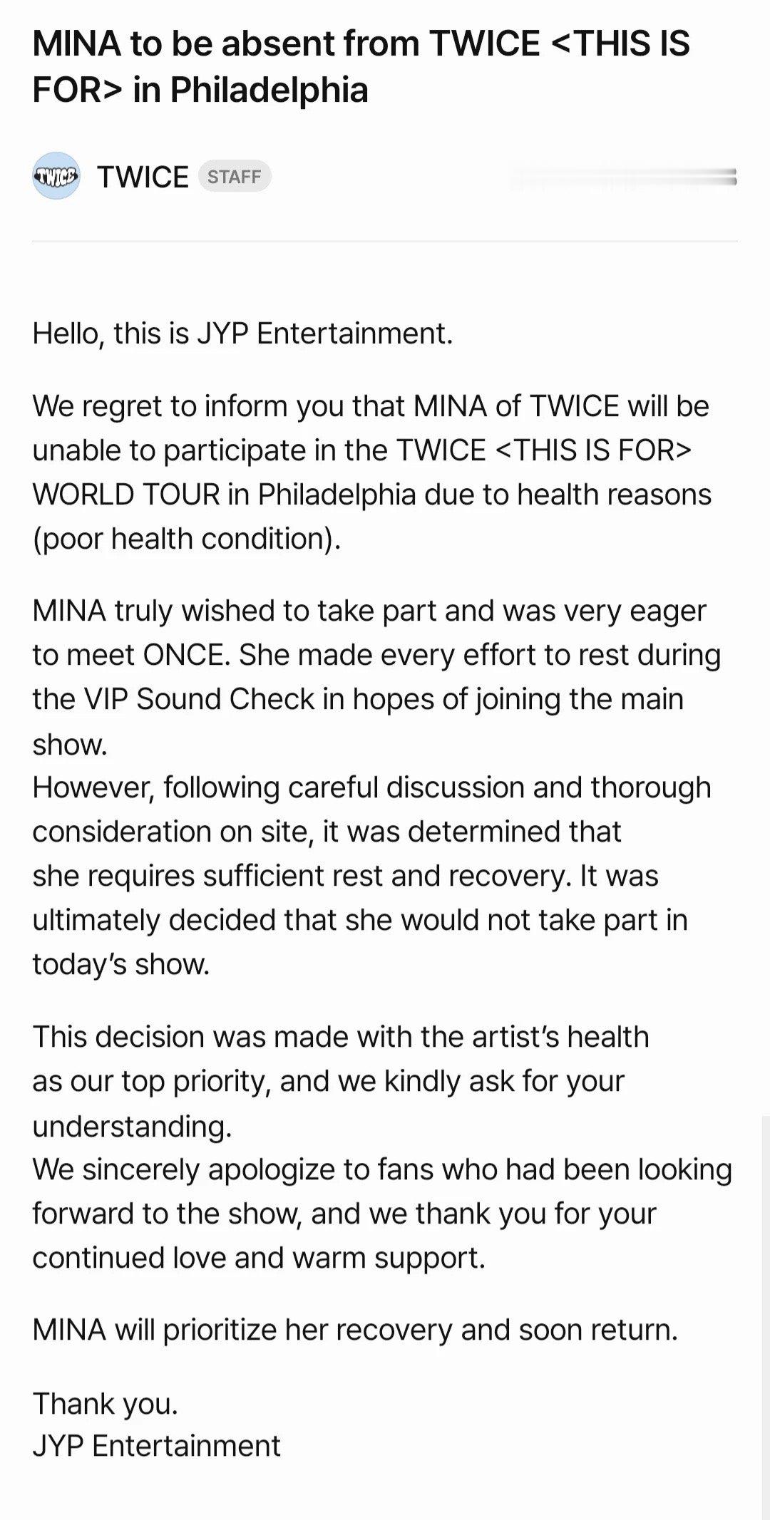 名井南因健康原因缺席费城演唱会 