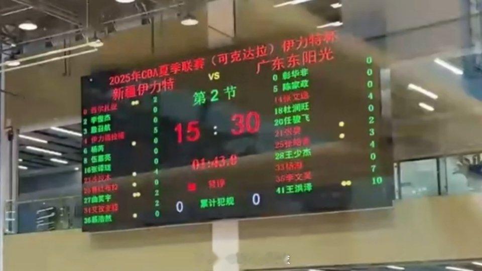 第一节比赛结束，广东30-15领先新疆，大蛇王洪泽第一节就贡献10分，还有一次抢