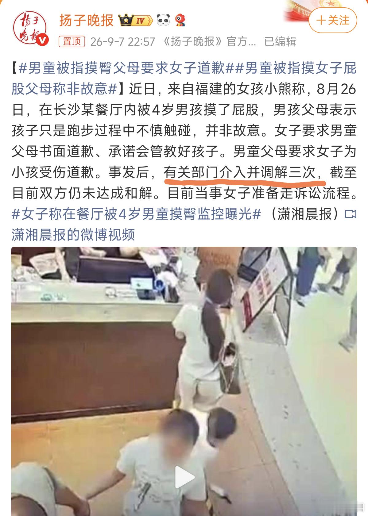 男童被指摸臀父母要求女子道歉小孩父母还是太有素质了，另外还要调解3次？调解什么？