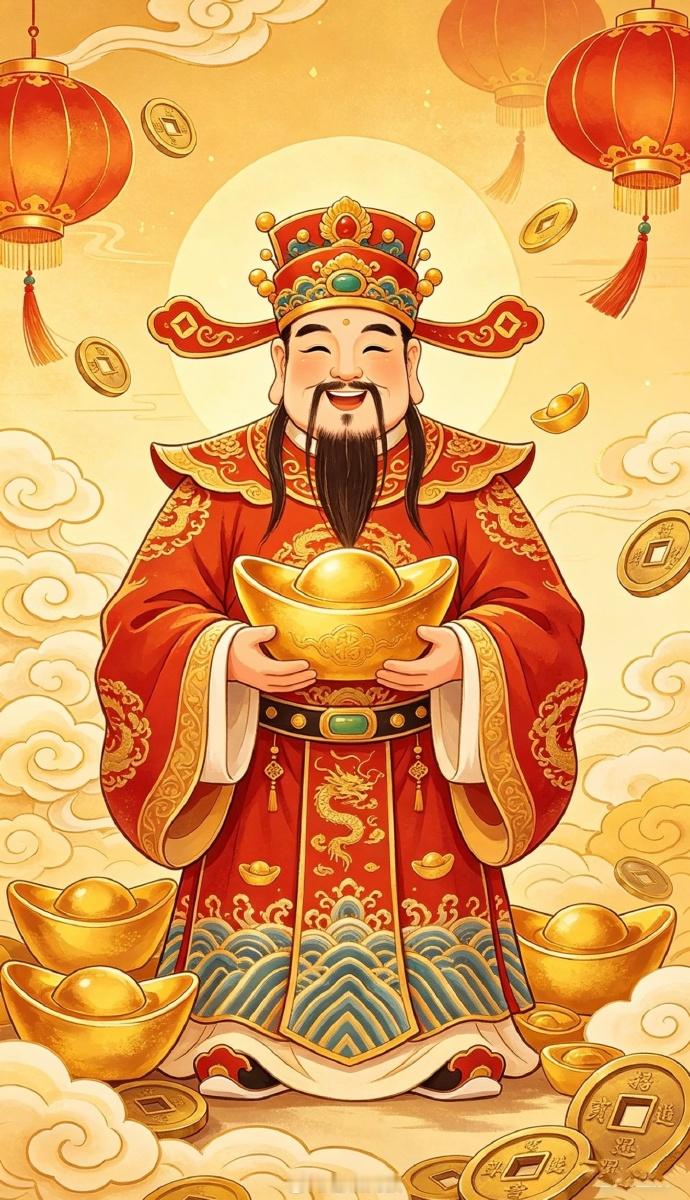 财神到，吉运生财。祈福财齐聚堂前，鸿运流转四季。万事从容顺遂，全年财源兴旺，满堂