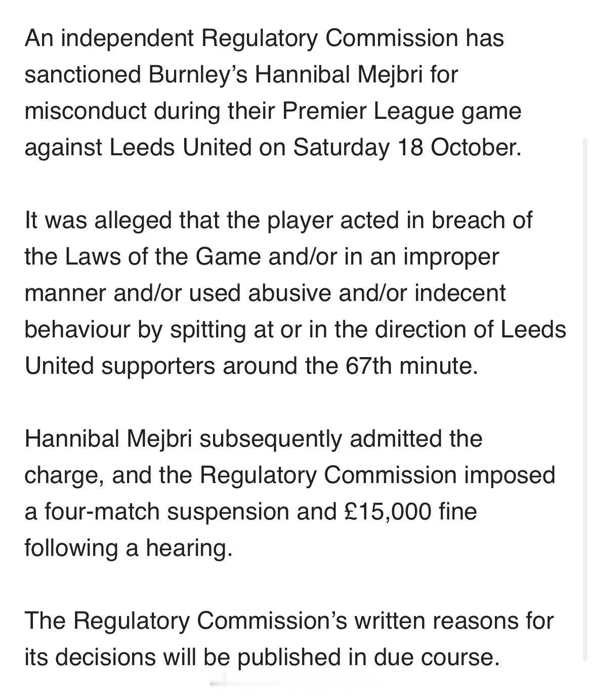 前曼联青训汉尼拔因为在比赛中向利兹联球员吐口水被禁赛四场（他现在哪个球队？） 