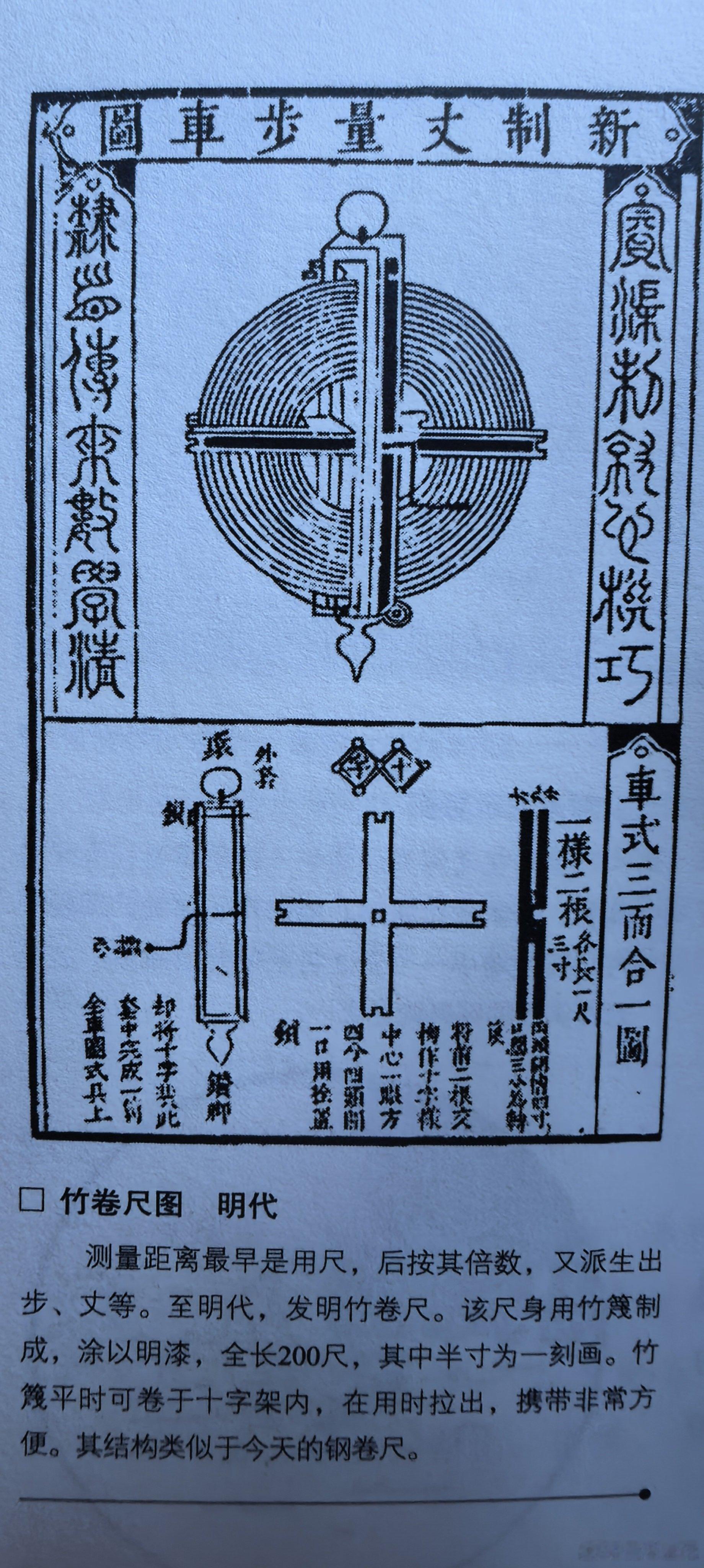 明代程大位发明的测量卷尺（新制丈量步车），见附图：一、图中文字解读（按位置分段）