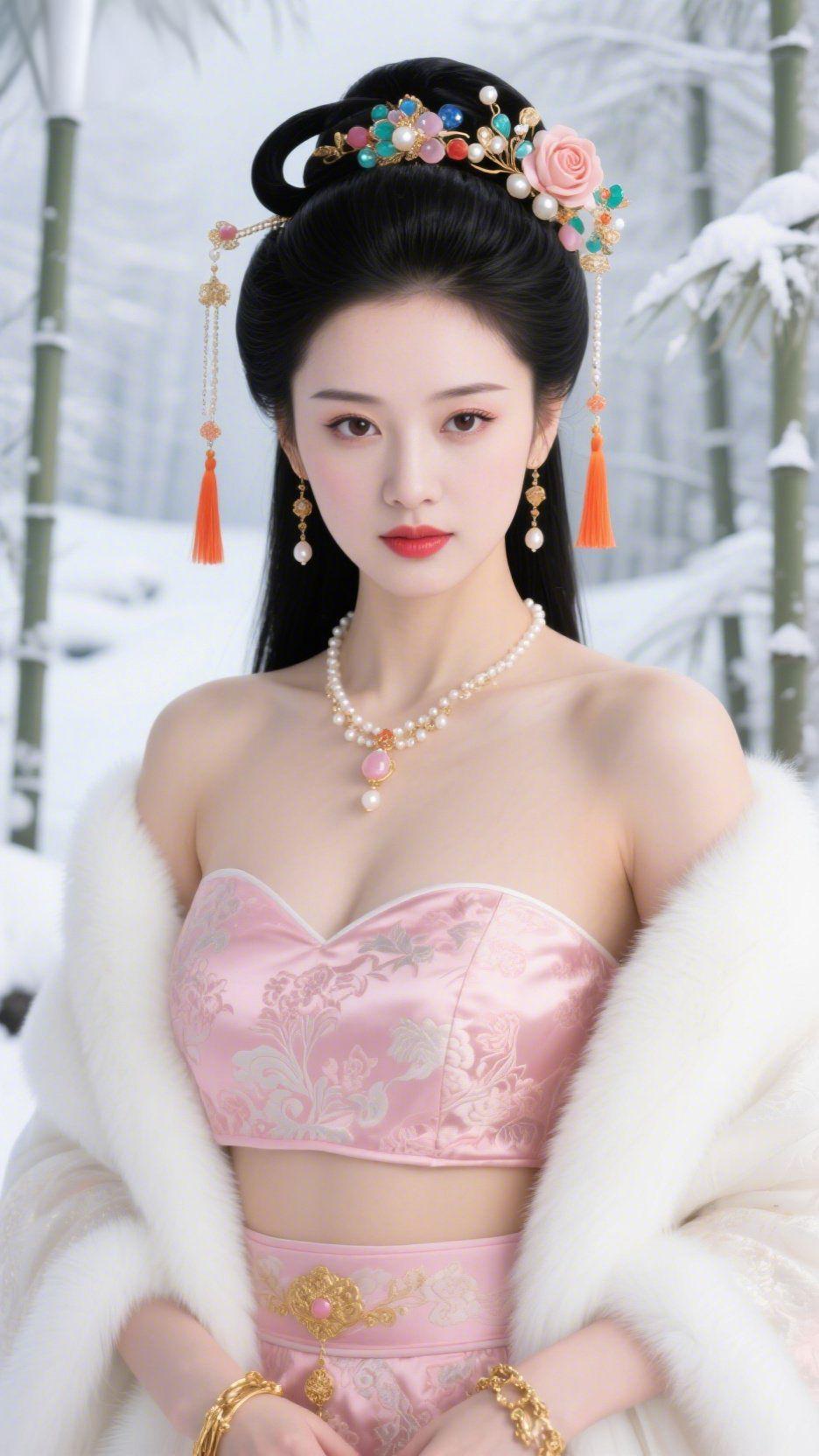 雪竹映红妆
 
雪落千竿竹，簌簌覆清寒。她立在银装素裹的竹林间，粉裳裹雪色，白裘