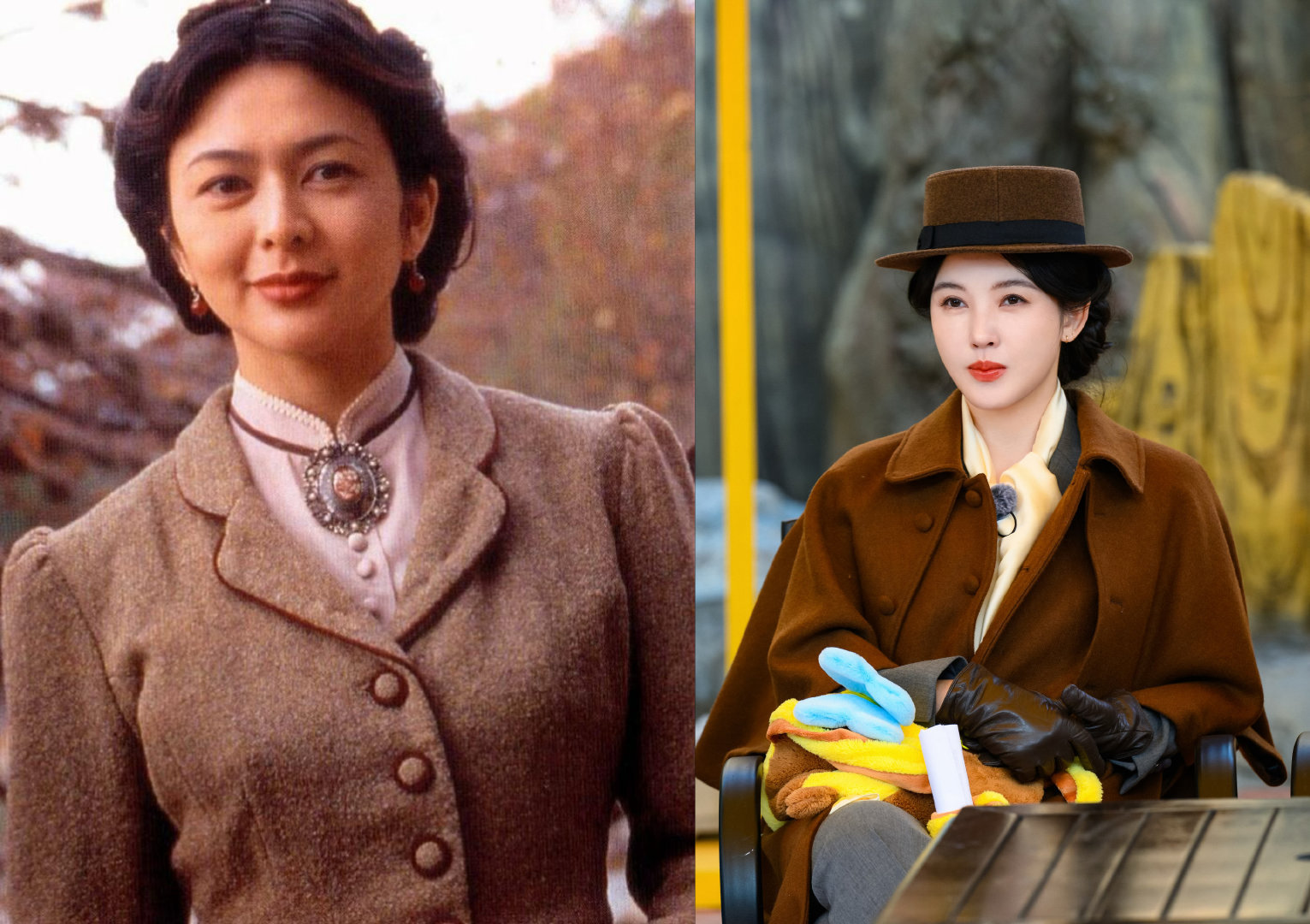 杨子姗复刻关之琳版十三姨 棕色礼帽配复古套装，杨子姗这波复刻造型也太用心了！举手