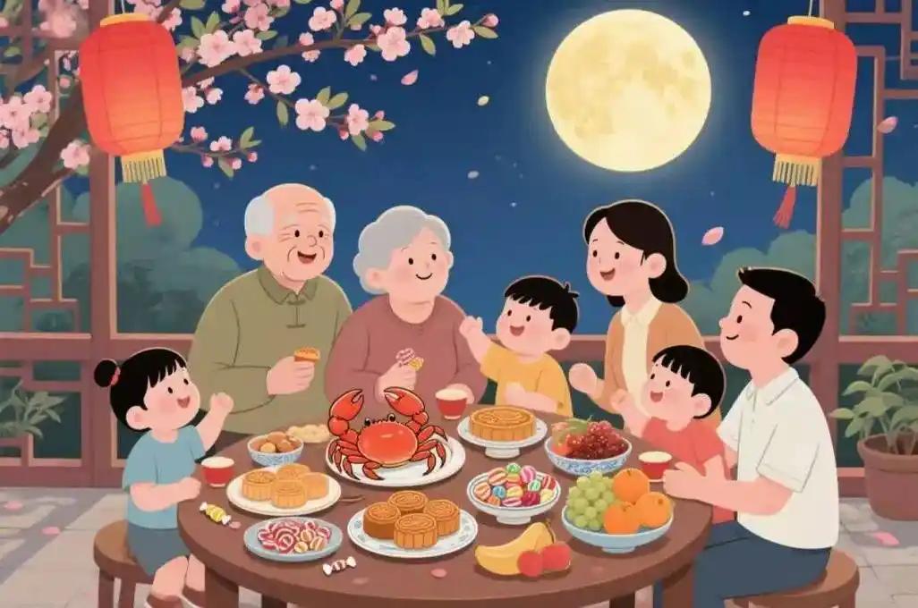 以前，奶奶在时，每当中秋之夜，我们一家人在房顶上摆上桌子。我们先在奶奶带领下拿一