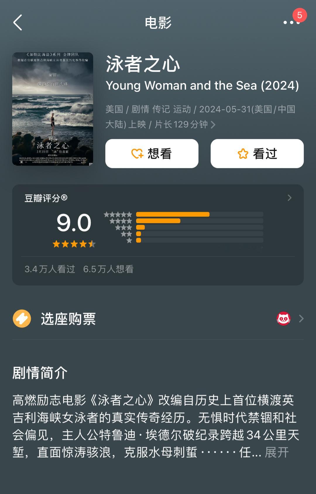 改编自历史上首位横渡英吉利海峡的传奇女泳者真实经历电影《老娘与海》评分已高达9分
