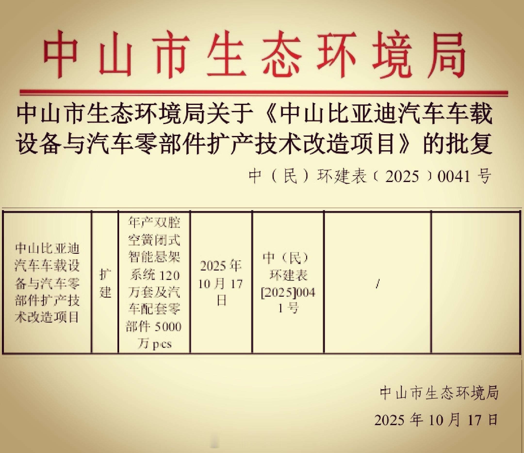 比亚迪 广东中山年产120万套双腔空悬系统（云辇-A智能空气车身控制系统）环评获