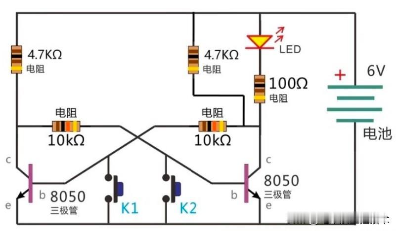 一位小伙伴卡在双稳态电路上了，当k2按下时，发光二极管微量，松开k2发光二极管正