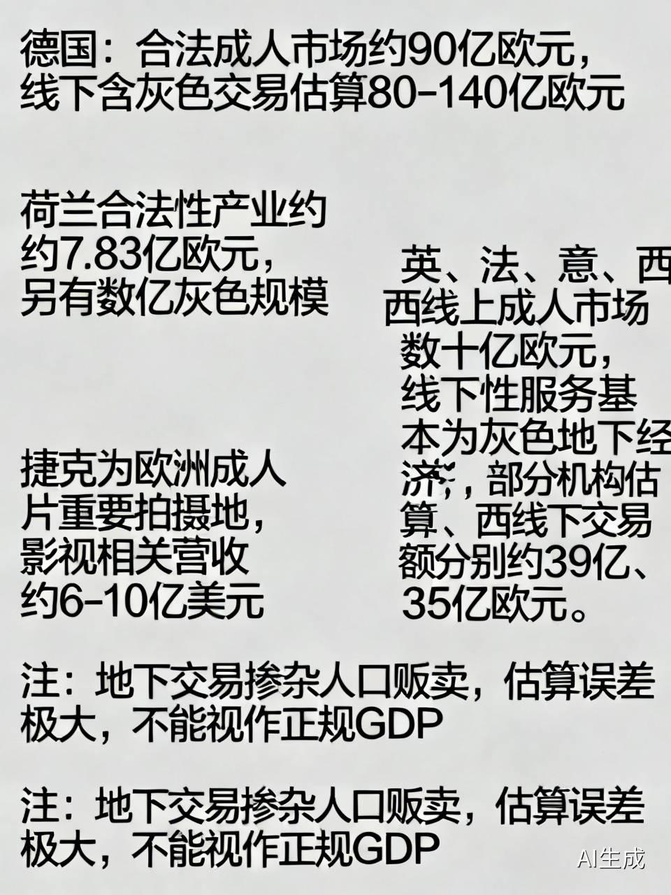德国：合法成人市场约90亿欧元，线下含灰色交易估算80‑140亿欧元；荷兰合法性