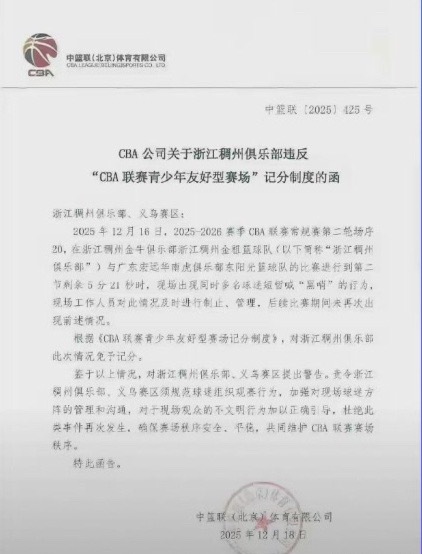 CBA官方对浙江男篮和义乌赛区发警告CBA官方对浙江稠州俱乐部及义乌赛区发出警告