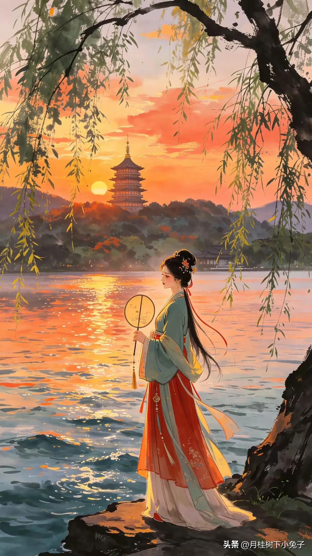 古塔斜阳镀紫金，
南屏钟晚入云深。
白蛇终锁浮屠下，
千古爱情白素贞。