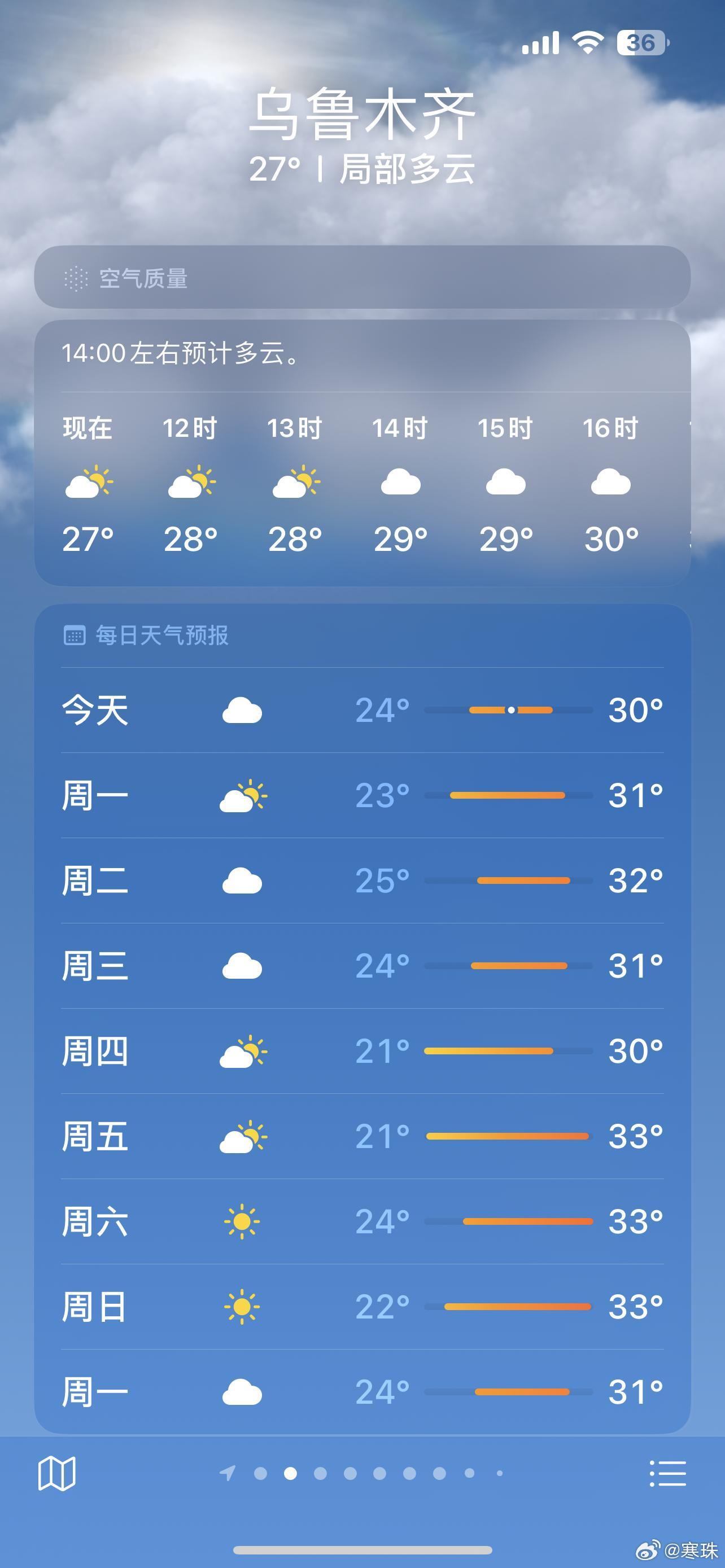 乌鲁木齐今天没超过30度，不算高温天吧。早晚出门还能感受到凉风吹过。你哪里多少度