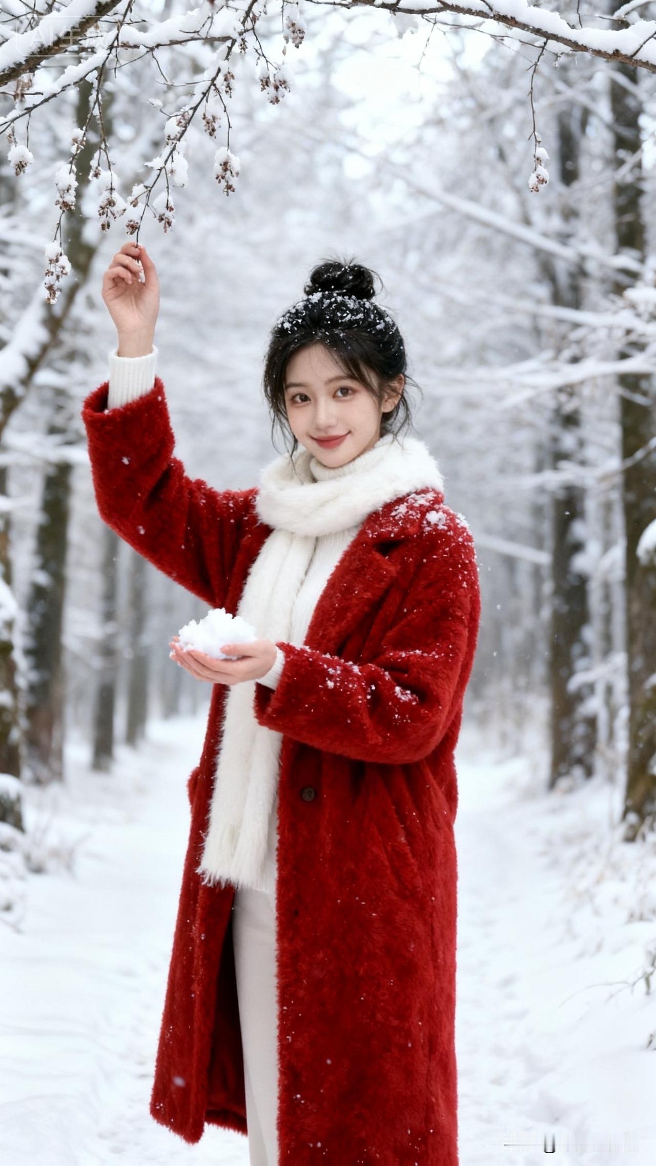 冬日雪景中的温暖红衣，感受雪花的温柔拥抱。🌨️🔥