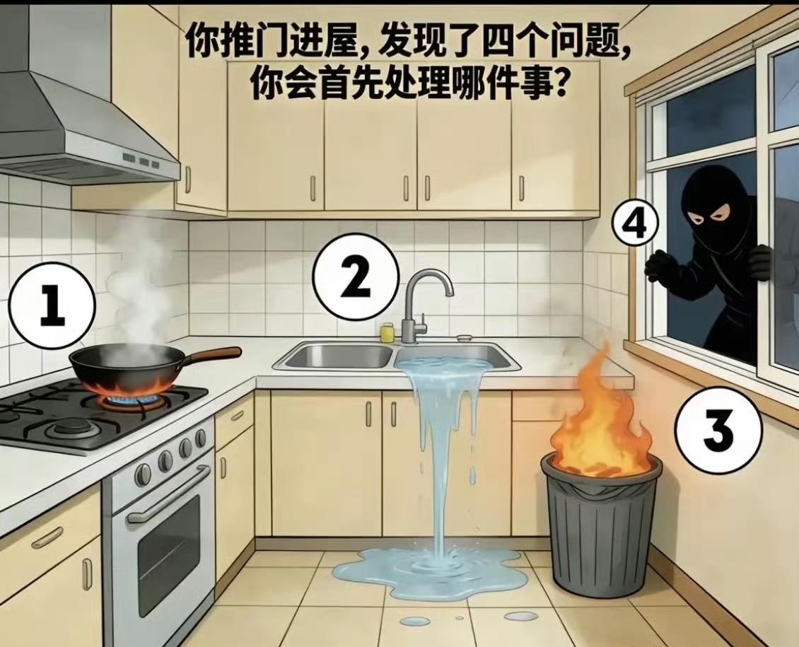 关上①，拿起③扔向④，再关上②。你呢？