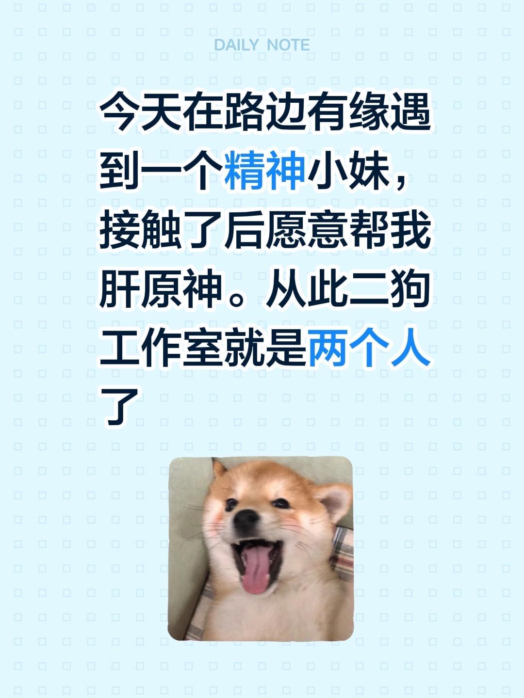 今天在路边有缘遇到一个精神小妹，接触了后愿意帮我肝原神。从此二狗工作室...