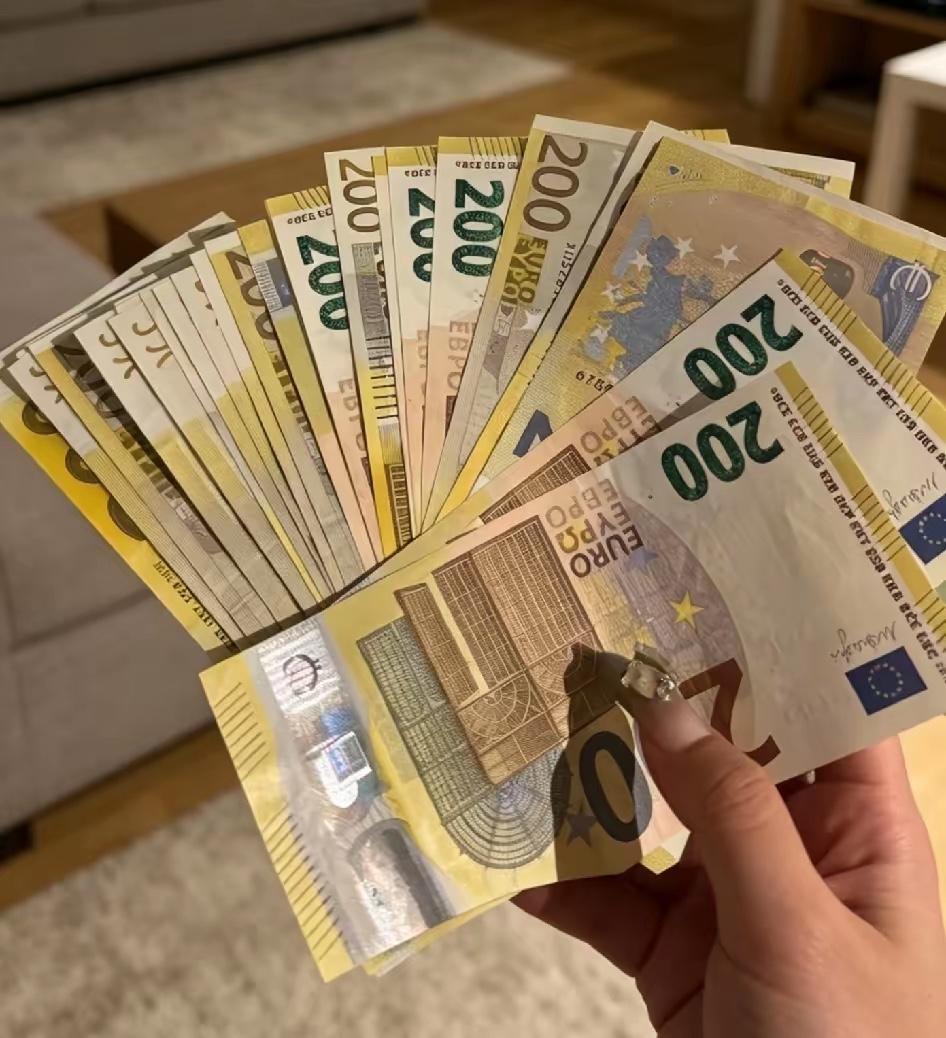 老公出差回来带了一沓欧元，有200的有50的，两千多欧换成人民币一万五。我说你直
