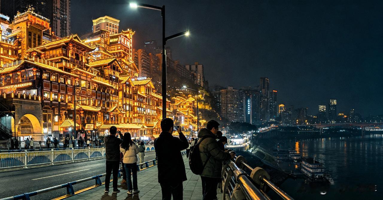 重庆洪崖洞作为网红地标，每晚都吸引大量游客打卡取景。一段游客拍照被驱赶的现场视频