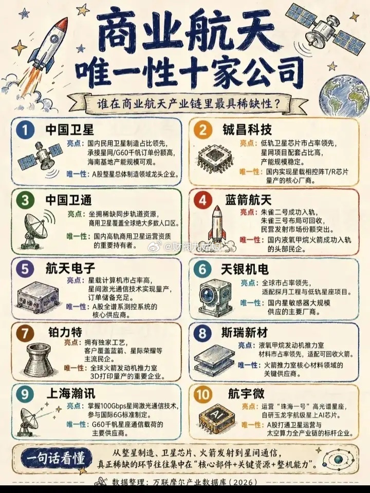 商业航天龙头公司一览:以下图表展示的股票不构成投资建议，据此操作风险自负。图表来