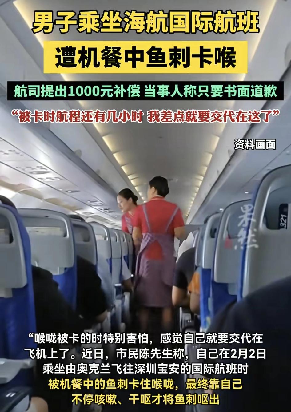 网友称自己乘坐从奥克兰到深圳宝安机场的航班中，因为飞机餐中的鱼刺卡喉，全程靠自己