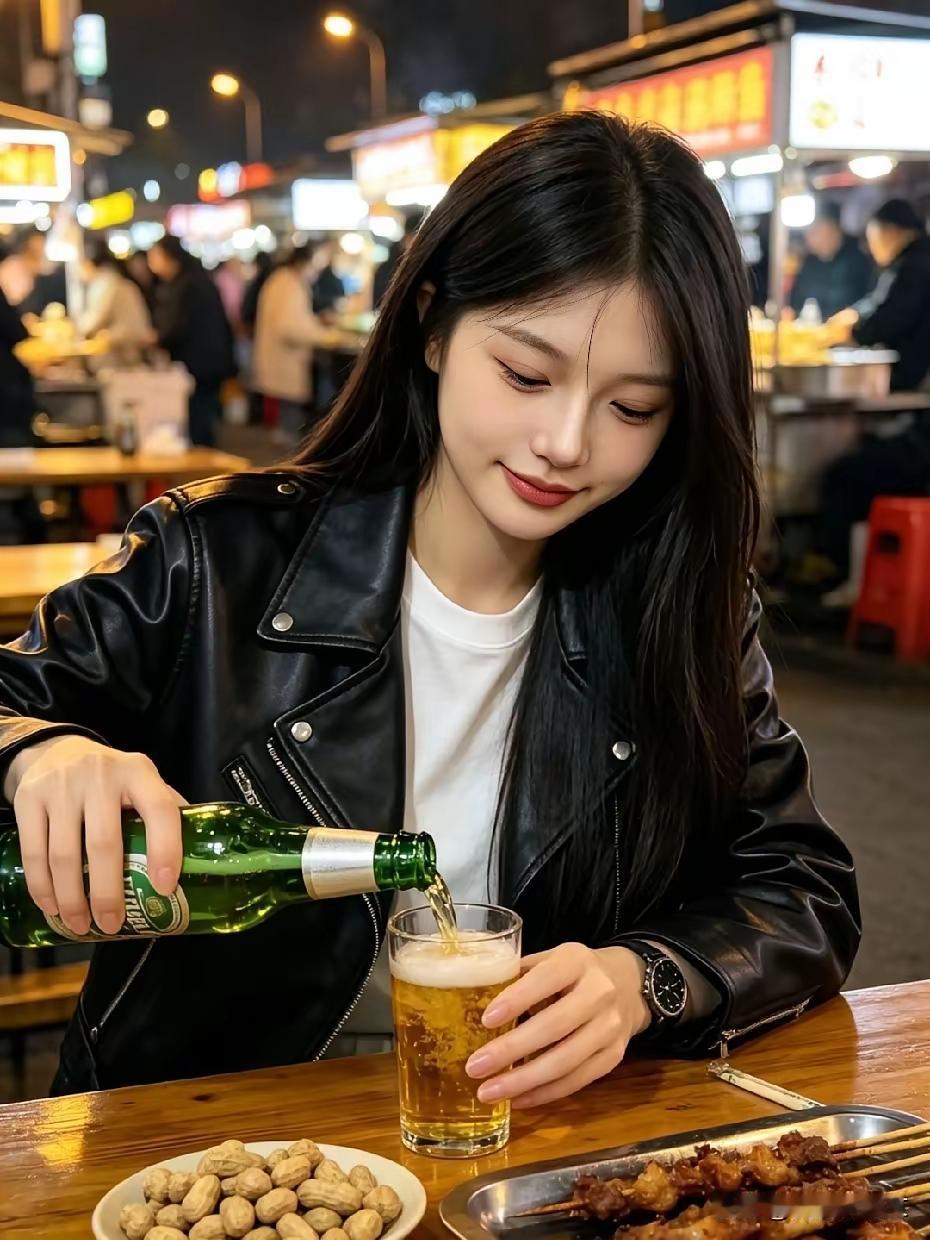 姑娘在夜市摊位上倒啤酒。