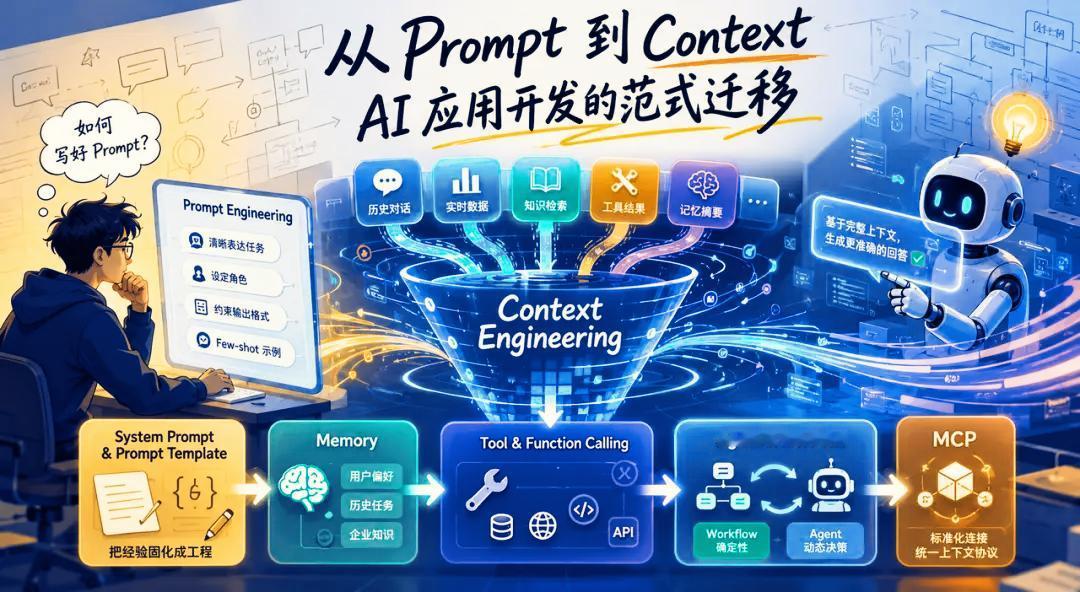 从Prompt到Context：AI应用开发范式迁移解析
 
这张图清晰展示了A