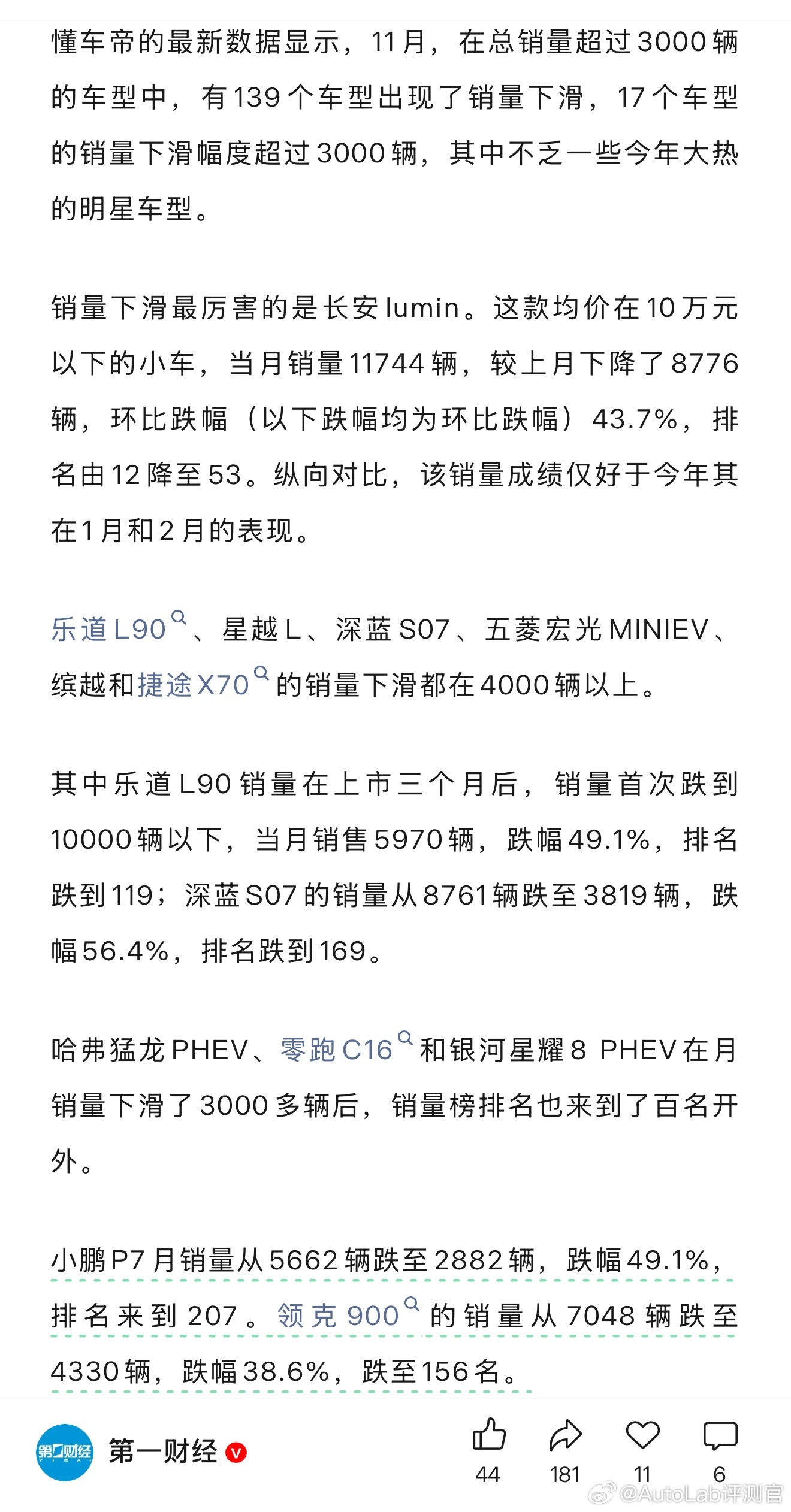 懂车帝有个每月销量下跌的车型排行榜
