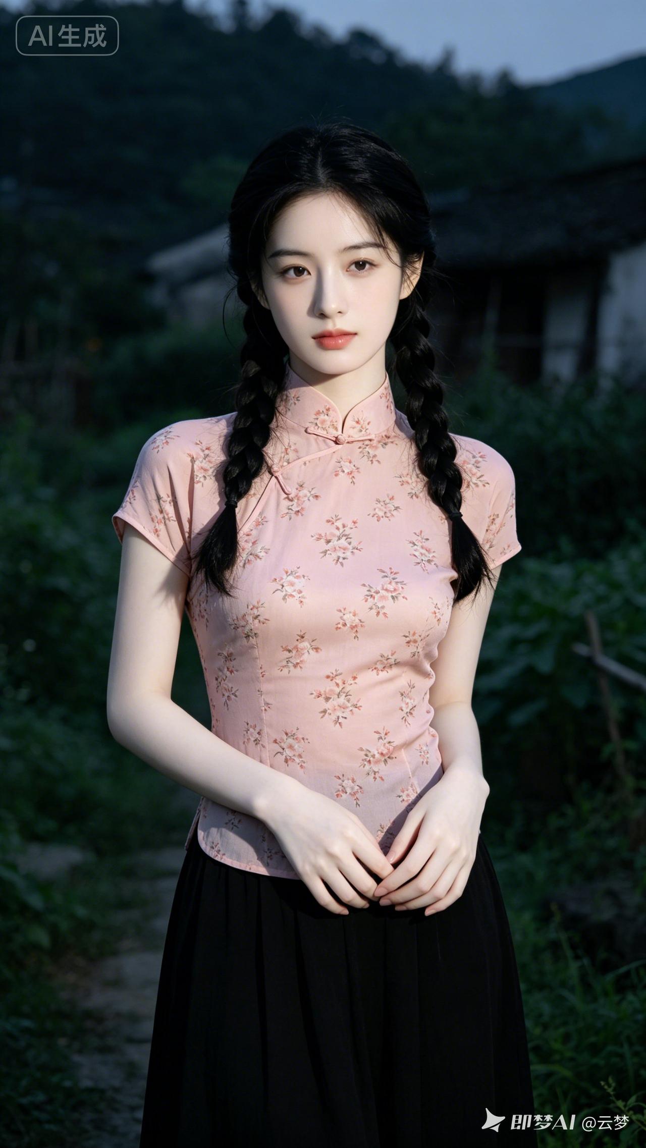 一个女孩穿着旗袍站在户外。