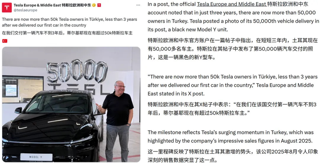 不到3年交付超5万辆，土耳其每售出两辆纯电动车就有一辆Model Y，创造当地纯