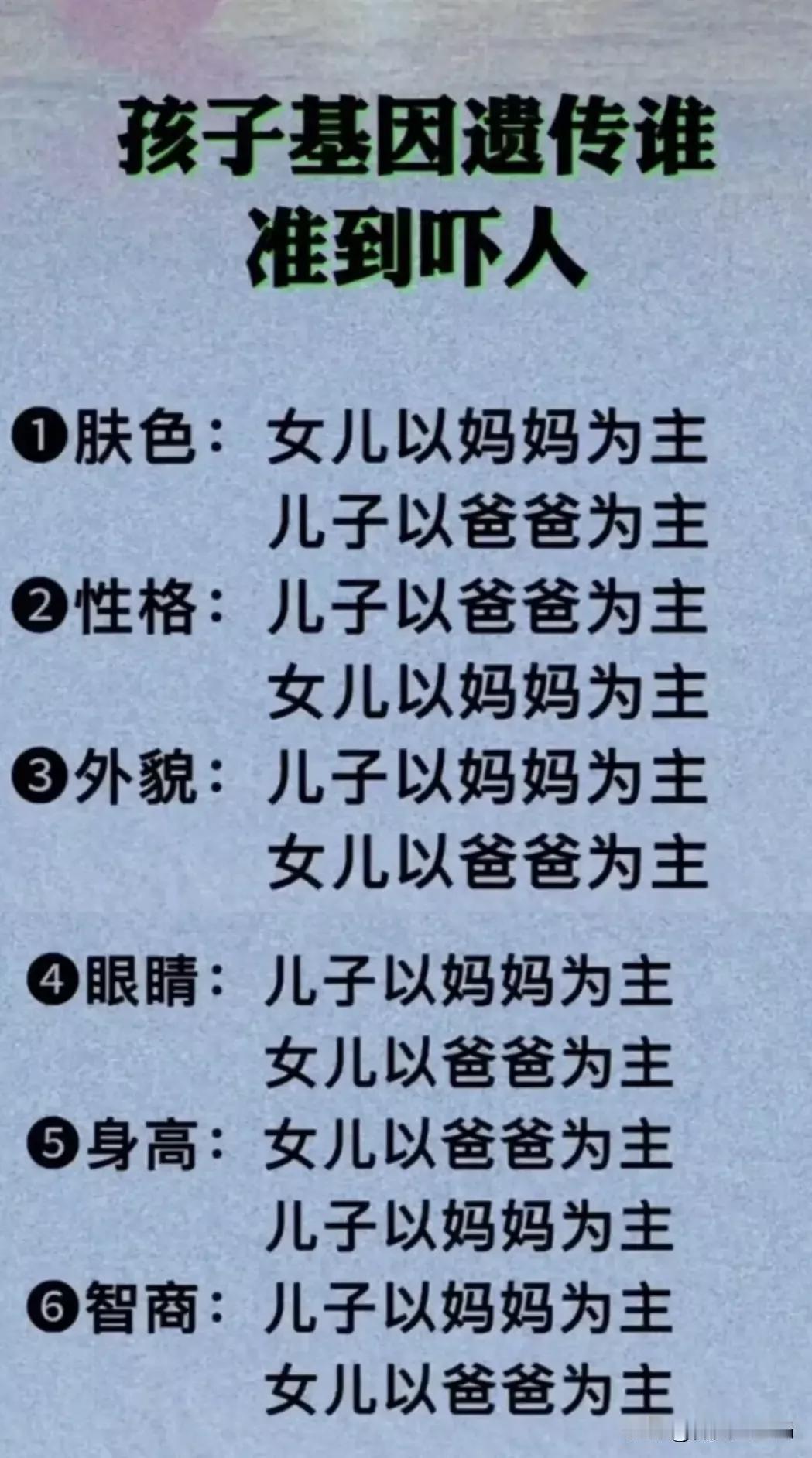 终于有人把孩子基因遗传谁，整理出来了，收藏看看，仅供参考
