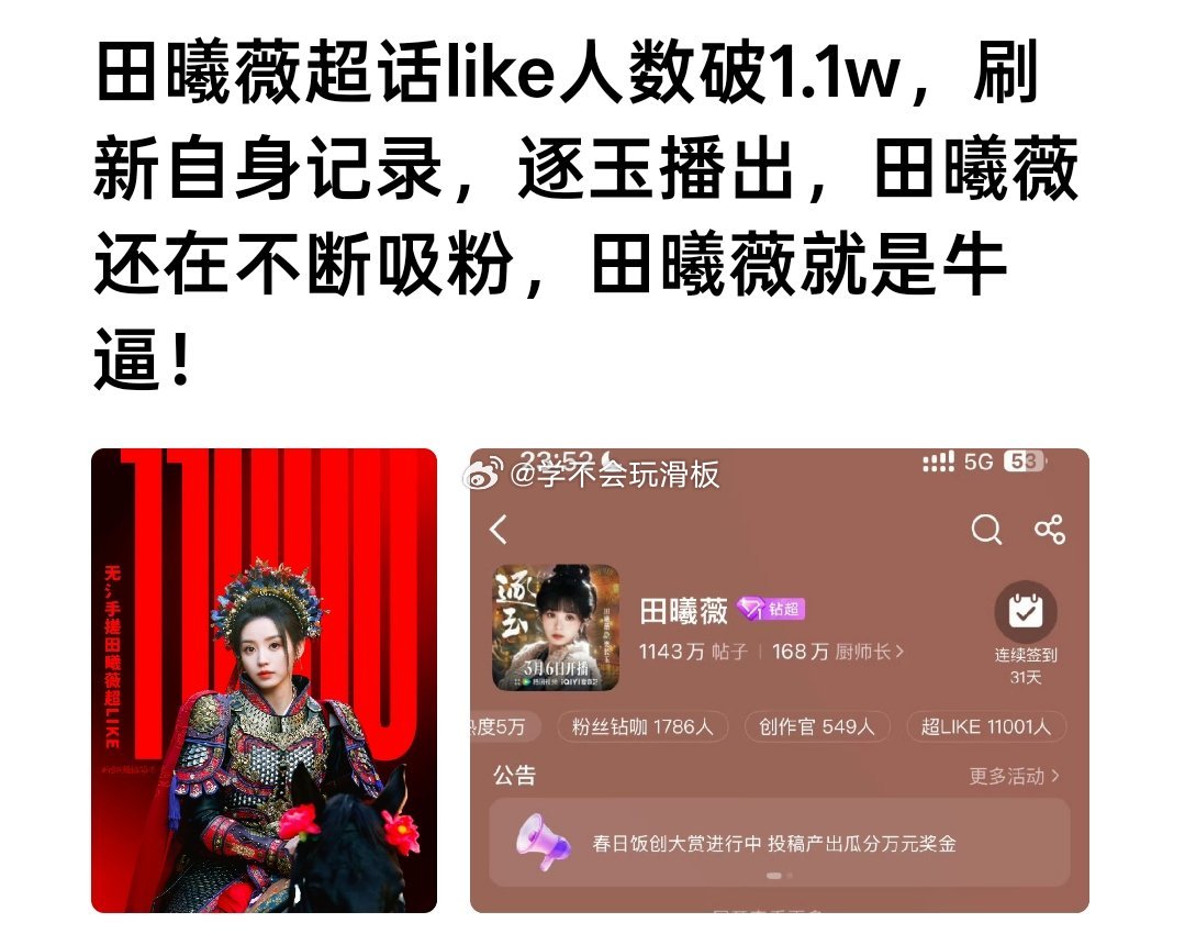 田曦薇超话like人数突破新高1.1w。 