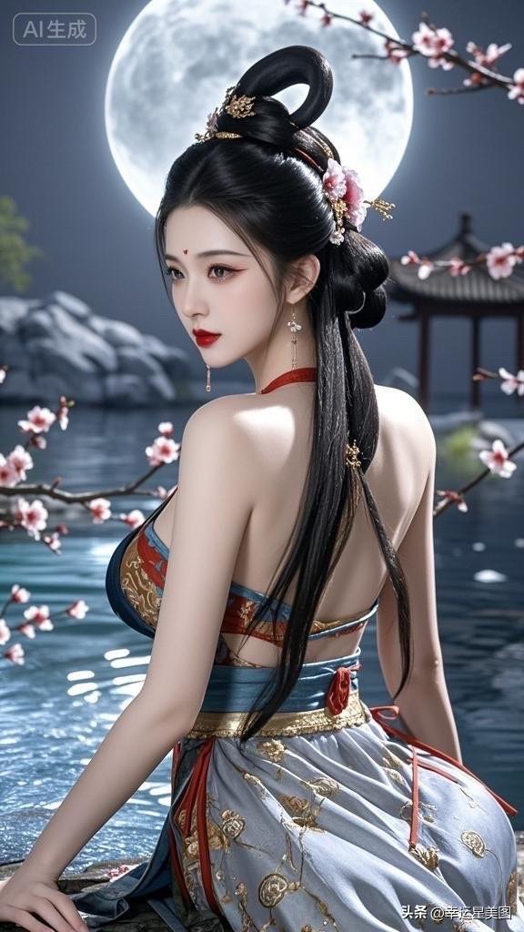 月色如水，花影婆娑，古风美人水中立。