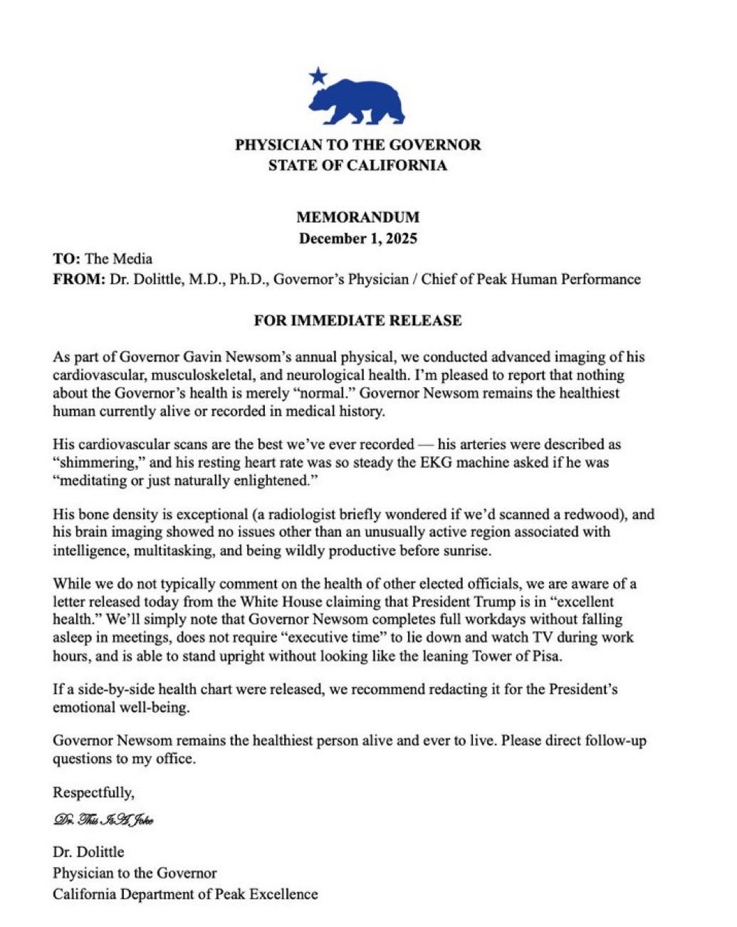 刚刚，作为对白宫公布川普体检报告并说很健康的回应，加州州长纽森也发了一份体检报告