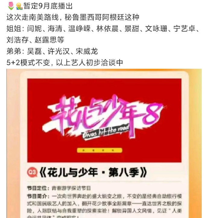 花少8设定花少8最新阵容花少8设定，花少8最新阵容，网传海清、蒋欣、蔡少芬、卢昱