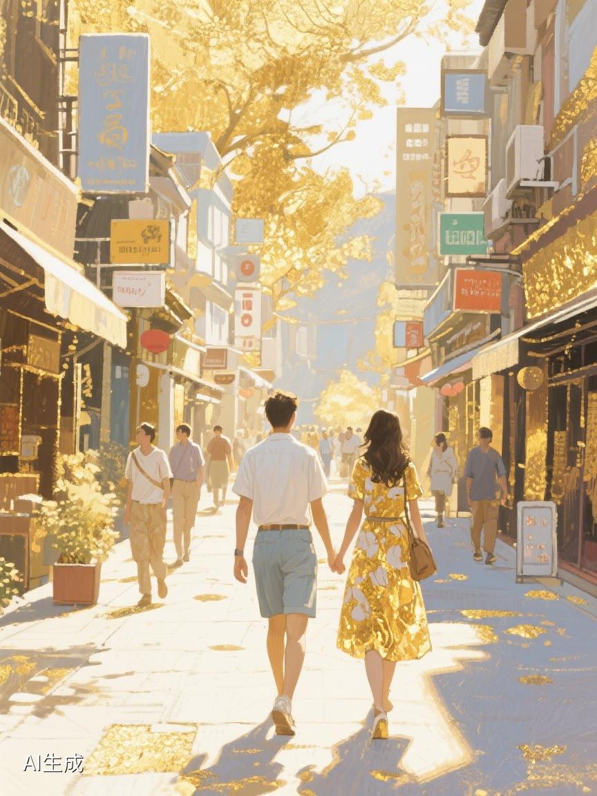 AI妙生图暖黄光影下，牵手漫步于街巷，每一步都是时光的温柔馈赠，岁月静谧且美好✨