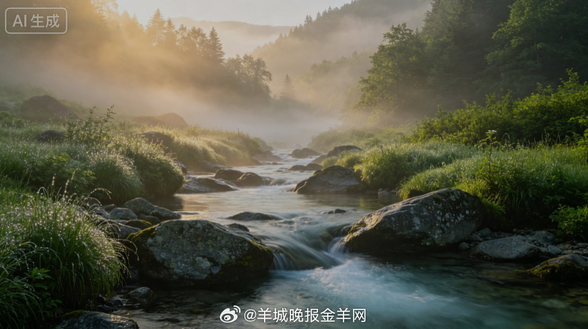 #早安# 盛夏拂晓，薄雾缠绕错落青石，清澈溪流缓缓淌过谷间，两岸草木葱茏，沾着透