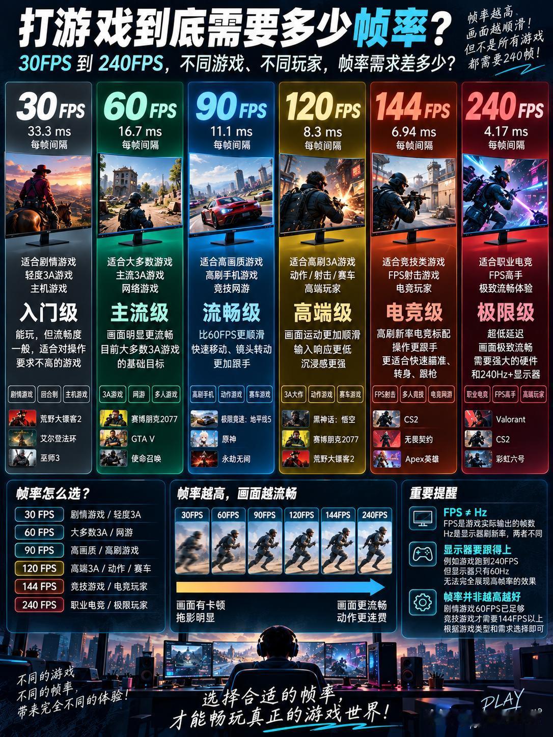 打游戏到底需要多少FPS？一张图给你讲明白。

30FPS、60FPS、120F