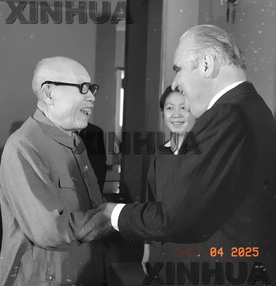 1973年9月
董必武会见来华访问的法国总统蓬皮杜，中间女士为翻译齐宗华。