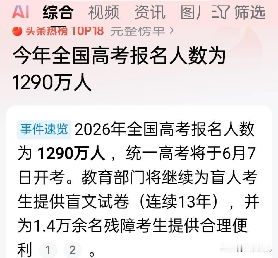 2026年全国高考生1290万，比2025年1335万人，整整少了45万人，这不