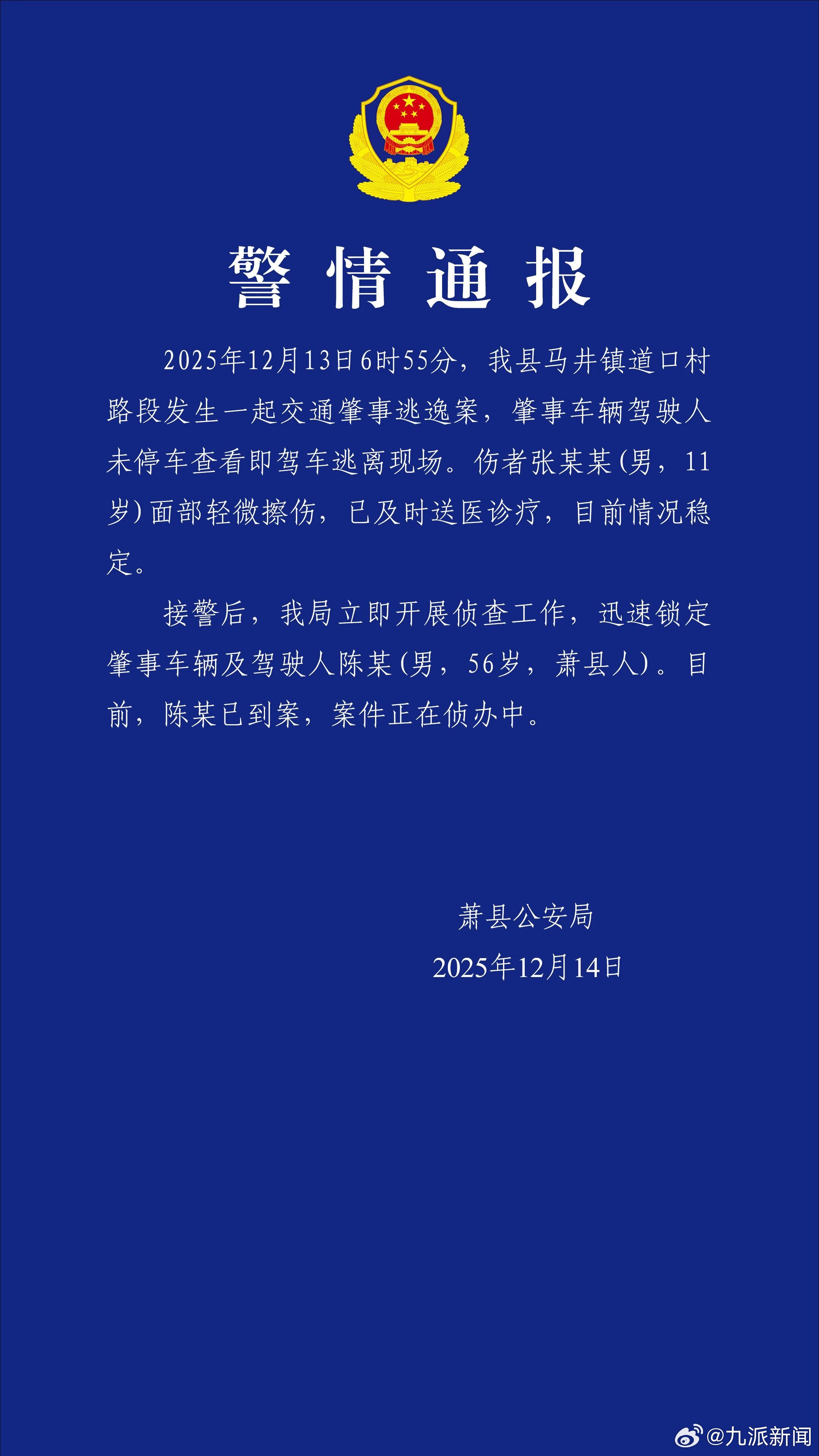 【#警方通报小货车撞飞11岁男童逃逸#】#小货车撞飞11岁男童逃逸已到案#12月