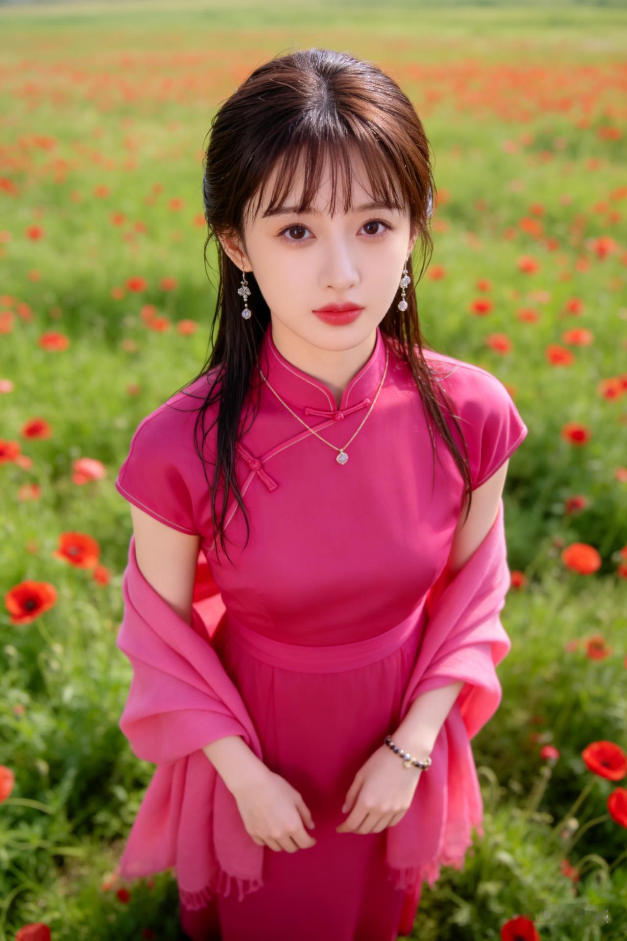 高处正面抓拍，陈小美五官清秀精致日常妆，棕顺刘海半扎湿发，艳粉红订婚旗袍、粉披肩